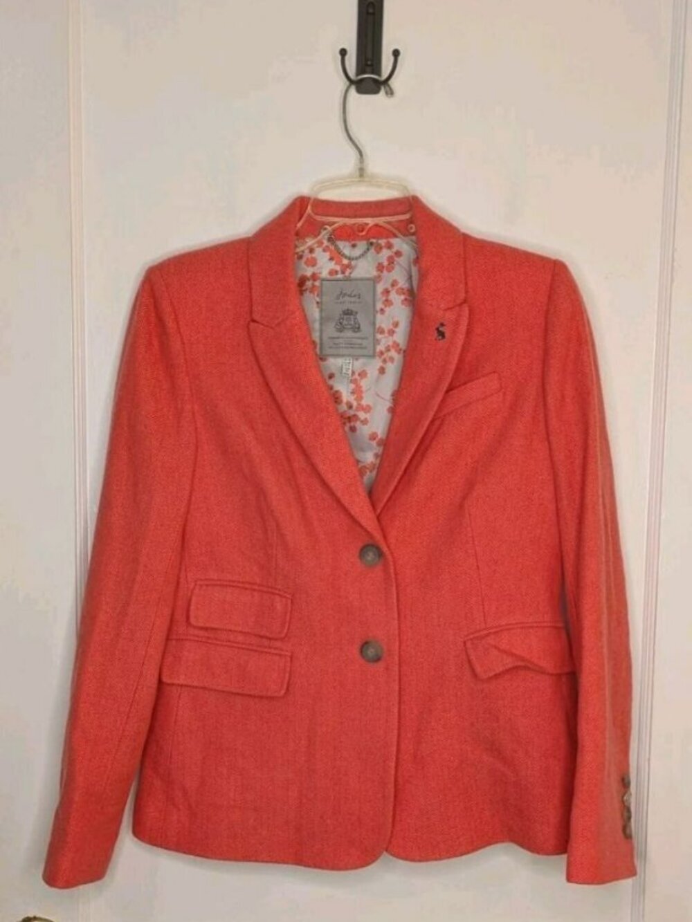 Joules Blazer Jacket Size 6 Coral Red Herringbone Tweed Wiscombe Wool Blend